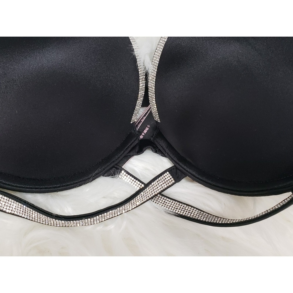 NEW Victorias Secret Very Sexy Lace Low Cut Demi Bedazzled Bra Black 36B PUSH UP - Picture 2 of 6